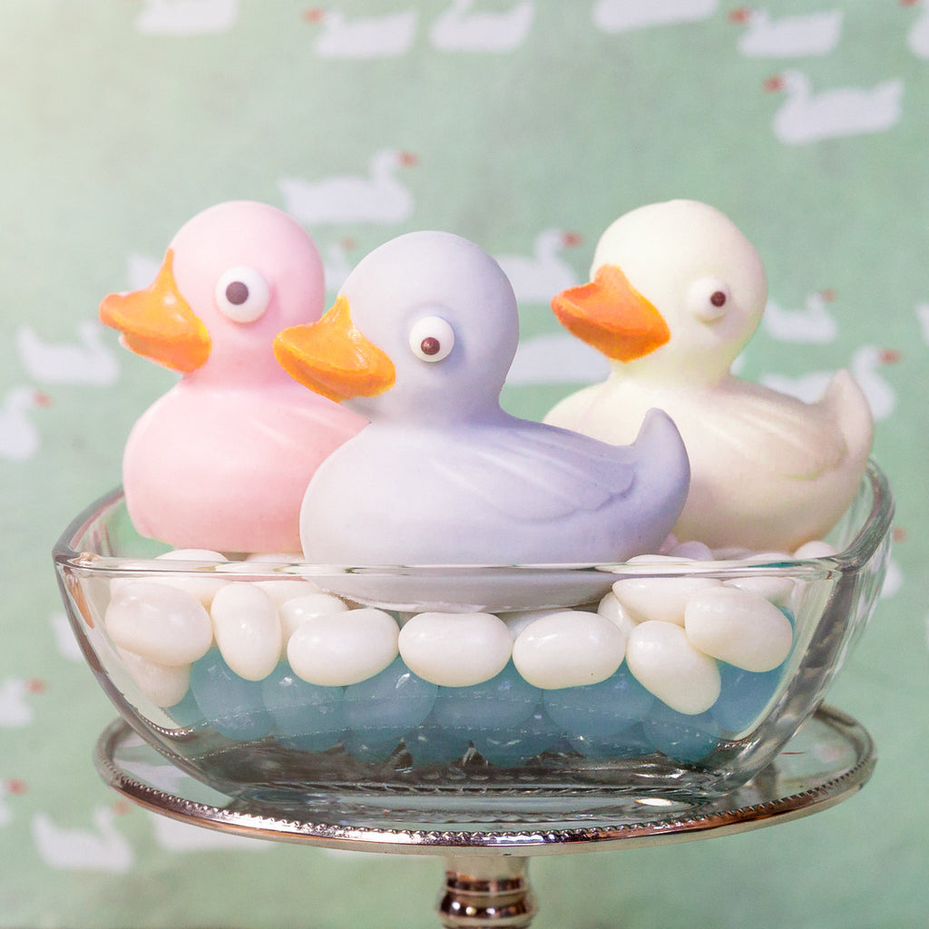 3 Rubber Duck chocolate molds in a decorative bowl