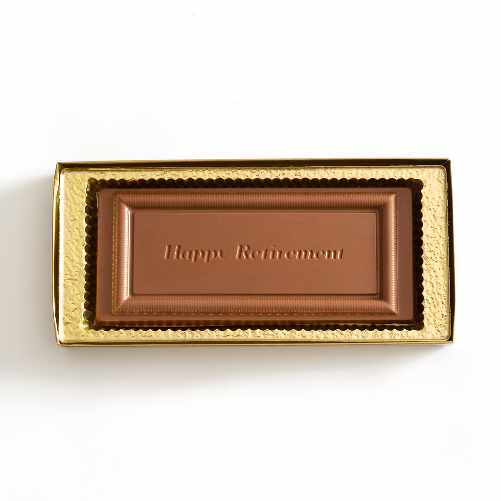 Happy Retirement chocolate in gold box