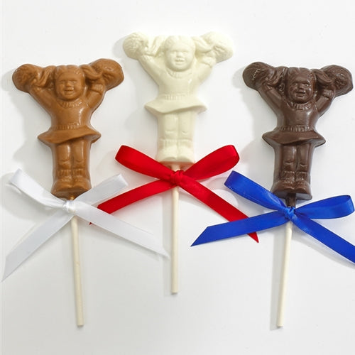 Cheerleader chocolate pops in Milk, Dark, and White chocolate