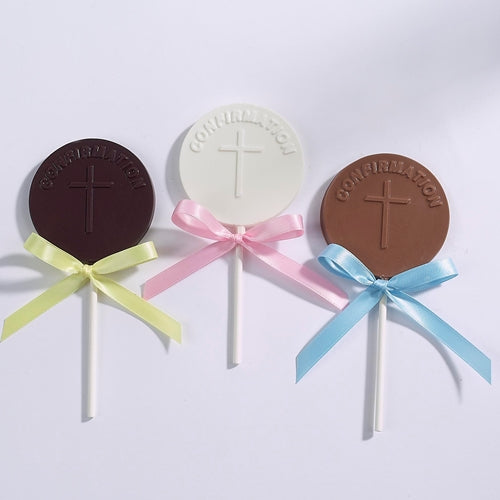 Chocolate pops shaped like medallions with a cross in the center and the word "Confirmation" on top