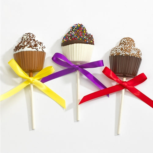 Three chocolate cupcake pops with different sprinkle toppings tied with ribbon