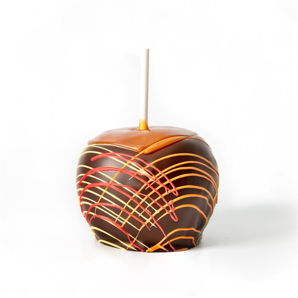 Dark Chocolate Caramel Apple with Fall colored drizzle