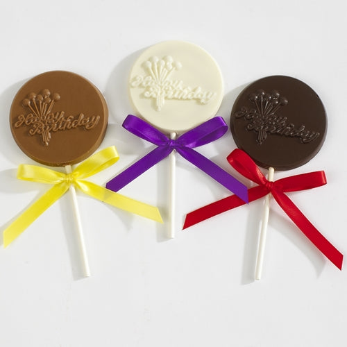 Happy Birthday chocolate pops in Milk, Dark, and White chocolate
